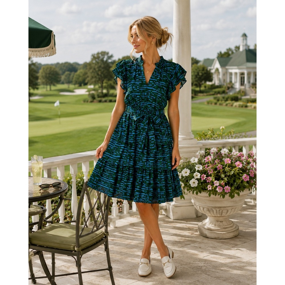 Briton Court Womens Small Green Blue Abstract Ruffle Flutter Sleeve Mini Dress